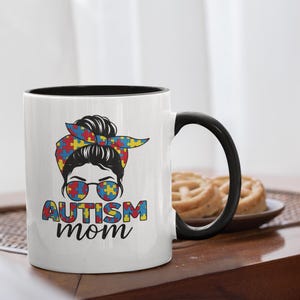 Autism Mom Coffee Mug: Puzzle Bandana Design, Colorful Interior