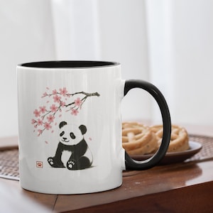 Mindfulness Panda Mug | Zen Cherry Blossom Cup with Cute Panda | Calming Japanese Style Gift | Mug with Color Inside 11 oz