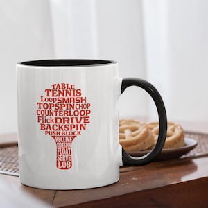 Table Tennis Word Art Mug | Ping Pong Paddle Typography Gift Cup for Players Coaches Lovers | Mug with Color Inside 11 oz