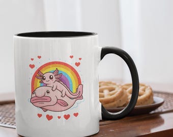 Axolotl and Blobfish Mug: Funny Rainbow Kawaii Ceramic Cup