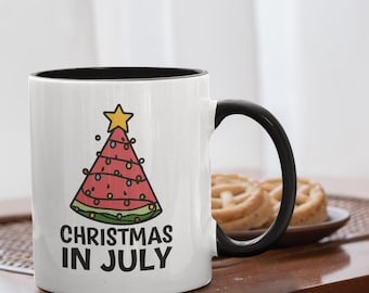Christmas in July Mug | Retro Vintage Style | Watermelon Tree Funny Summer Holiday Cup | Festive Coffee Gift | Color Inside Mug 11 oz