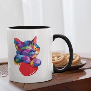 Colorful Cat Mug with Heart | Cute Rainbow Kitty Coffee Cup for Women & Kids | Bright Cat Lover Gift | Mug with Color Inside 11 oz