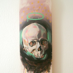Neon Skull. Original hand painted skateboard deck. Art. Wall art. Home deco wall art.