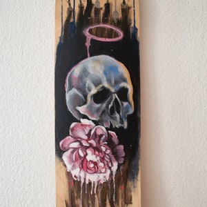 Peonie Skull. Original hand painted skateboard deck. Wall art. Home deco wall art.