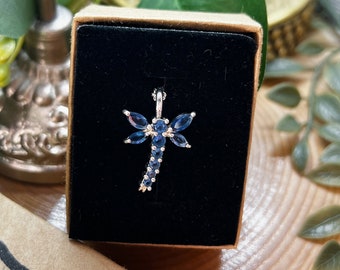 Collar con colgante de circonita azul libélula de plata de ley 925 - Joyería vintage reciclada ética