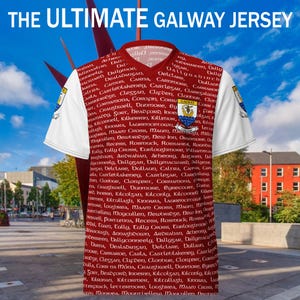 Maillot de fan du comté de Galway – Design celtique marron et blanc personnalisé avec noms de villes, écusson du comté et carte | Maillot de football Fier Galway