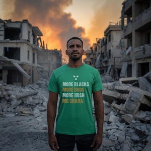 May include: A man wearing a green t-shirt with the text "MORE BLACKS MORE DOGS MORE IRISH MO CHARA" in white and yellow. The background shows a war-torn cityscape with smoke and debris.