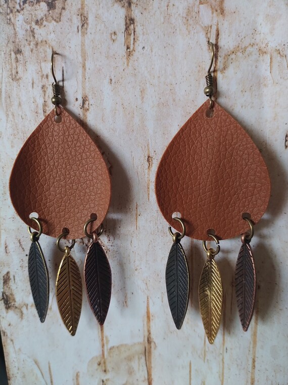 Beige Faux Leather Earrings. Western Earrings. Feather Etsy