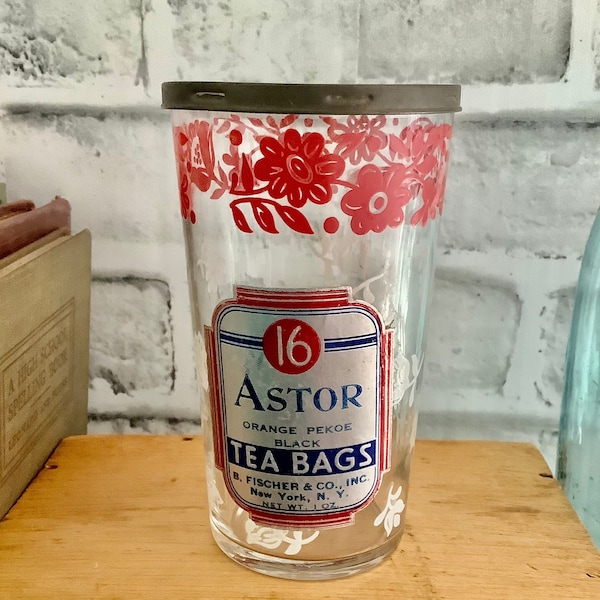 Astor Tea Bag Glass Jar with Lid Orange Pekoe Black Removable Lid Rare