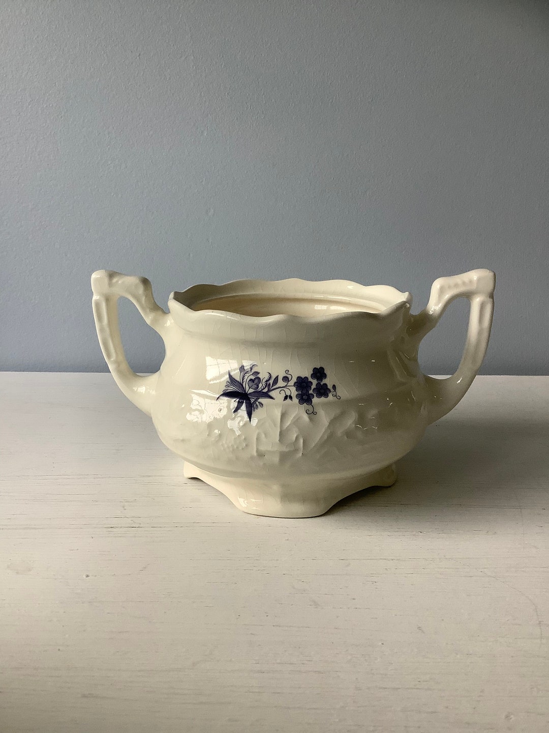 Ironstone Unmarked Sugar Bowl No Lid Blue Flower Pattern Etsy