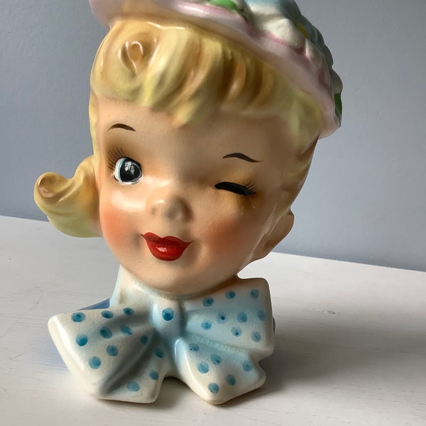 Norcrest Blonde Girl Winking Head Vase 1950s Planter