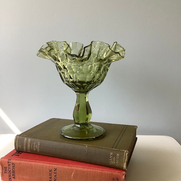 Fenton Green Thumbprint Footed Pedestal Vase Compote Candy Dish