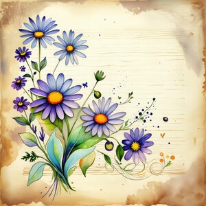 12 imágenes prediseñadas de acuarela de ramos de margaritas y violetas. JPG imprimible de alta calidad. Página de diario basura con flores de primavera. Papel digital