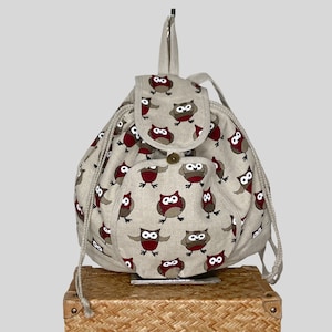 Large Linen Backpack • Drawstring Boho Bag • Travel Backpack OWLS