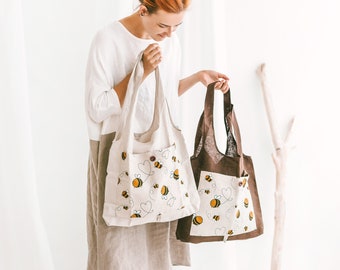 Linen Shopping Bag with bumblebees• Foldable Handmade Tote • Eco friendly Reusable Bag • Deep Front Pocket