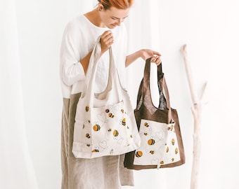 Linen Shopping Bag with bumblebees• Foldable Handmade Tote • Eco friendly Reusable Bag • Deep Front Pocket