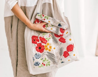 Foldable Linen Tote with Wild Flowers • Handmade Shopping Bag • Eco friendly Reusable Bag • Deep Front Pocket Floral Bag