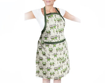 Linen Apron with Owls • Apron with Deep Front Pocket • Handmade item (color may vary)