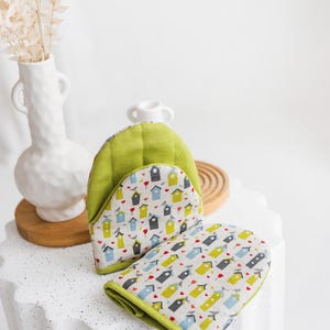 Pair of Mini Linen Kitchen Gloves • Cooking Mitt Potholder BIRDHOUSE
