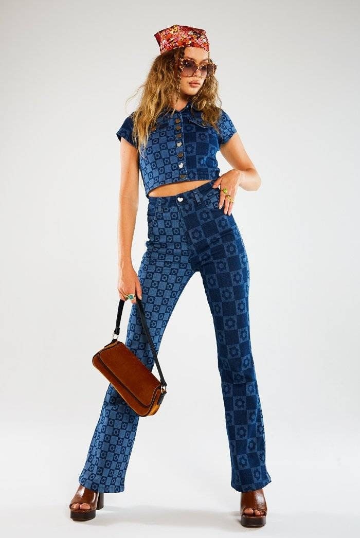 Retro Flower Print Flare Jeans/top 