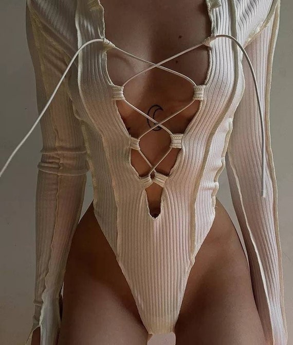 Body-ody Sexy Slim Skim Lace Tie up Ribbed Deep V Neck Women