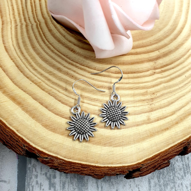 Sunflowers Earrings, Hypoallergenic Dangle Sunflowers Earrings, Silver