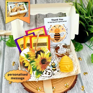 Personalised Sunflower Bees Gift Box, Pretty Sunflowers Sunny Hamper, Beeswax Candle With Honey And Tea Gift Set, Yellow Wellbeing Gift Box