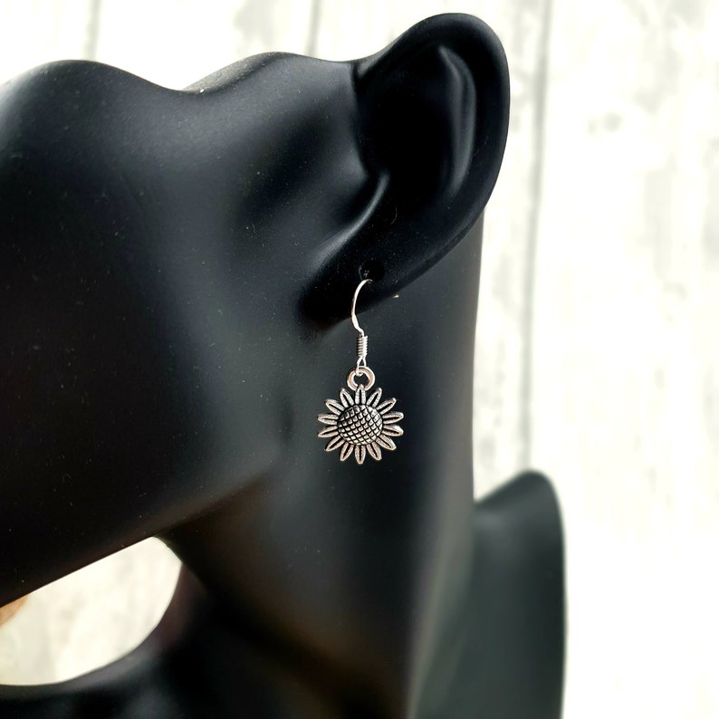 Sunflowers Earrings, Hypoallergenic Dangle Sunflowers Earrings, Silver