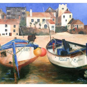 Barcos del puerto de St Ives. Tarjeta de felicitación de arte de Cornualles. Pintura al óleo original de Jan Rogers.