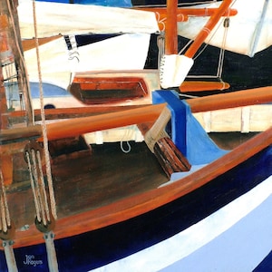 Barcos del puerto de Penzance. Tarjeta de felicitación de arte de Cornualles por Jan Rogers