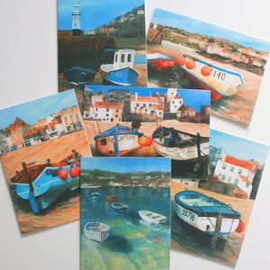 Sei carte paesaggio barca Cornovaglia. Barche del porto di St Ives. Dipinti ad olio originali di Jan Rogers