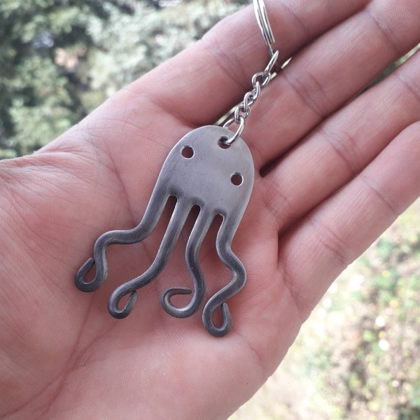 Octopus Fork Keychain, Handcrafted Keyring from Old Bent Fork, Stainless Steel Pendant, Gift for Boyfriend or Girlfriend, Anniversary Gift