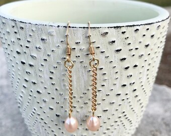 Blush Pink Freshwater Pearl Gold Chain Dangle Drop Earrings