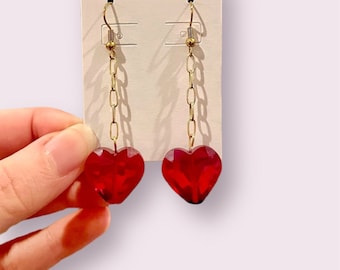 18k Gold Plated Glass Crystal Ruby Red Heart Earrings | Gold Drop Dangle Earrings | Anniversary Gift | Chic Earrings | Gifts For Her