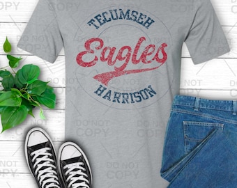 Könnte beinhalten: Ein graues T-Shirt mit dem Schriftzug "Tecumseh Eagles Harrison" in einem Kreisdesign. Das Wort "Eagles" ist in roter Schrift, die anderen Wörter sind blau. Das Shirt wird mit einer blauen Jeans und schwarz-weißen Turnschuhen gezeigt.