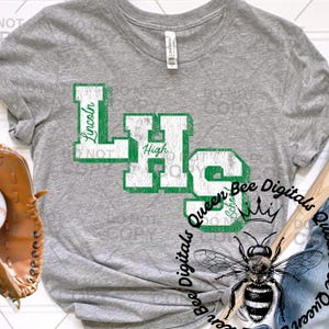 May include: A heather gray t-shirt with the text "Lincoln High School" in a distressed green and white design. A graphic of a bee is below the text. A baseball glove and bat are partially visible.