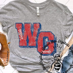 May include: A heather gray t-shirt featuring a distressed red and blue graphic that reads "WG Westside Generals". The shirt has a classic crew neck and short sleeves. The shirt is made of a soft material.
