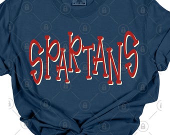 May include: A navy blue t-shirt with the word "SPARTANS" in red outlined in white.