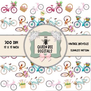 Vintage Floral Bicycle PNG: Seamless Retro Bike Clipart (Digital Download