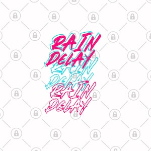 Puede incluir: Un diseño gráfico con las palabras "RAIN DELAY" repetidas en un patrón superpuesto y superpuesto. Las palabras están en rosa y azul, con una fuente audaz y estilizada.