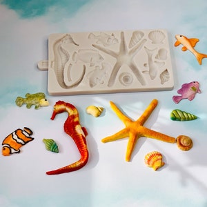Sea Shells Mold - Sea Horse Mold - Big Starfish Mold - Fish Silicone Mold for cake decoration, Sea Animals Clay Mold - Beach Resin Mold