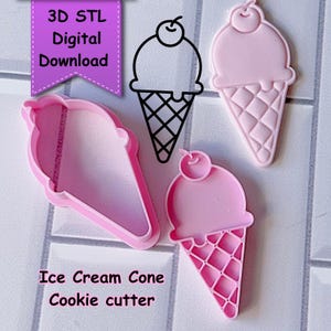 May include: Pink ice cream cone cookie cutters and a black and white line drawing of an ice cream cone. The image also includes text that reads "3D STL Digital Download" and "Ice Cream Cone Cookie cutter".