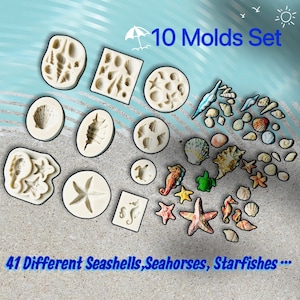 10 PCs Sea Shells Molds - Sea Horse Mold - Starfish Mold - Beach Cake Decor Molds, 41 Different Seashells Silicone Molds, Resin Clay Mold