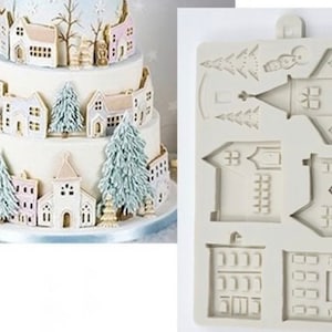 Small Village houses silicone Mold for Cake/Cookies Decoration - Village Church House Resin Mold - Small Town House Clay Mold