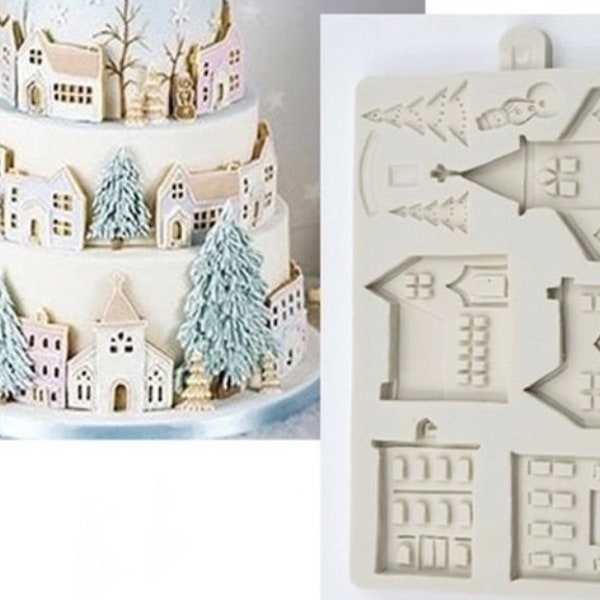 Small Village houses silicone Mold for Cake/Cookies Decoration - Village Church House Resin Mold - Small Town House Clay Mold