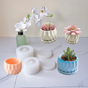 Gypsum Cement Ceramic Flower Pot Silicone Mold - Concrete Casting Planter Pot Mold Set with Base - Succulent Flower Pot Mold With Hole