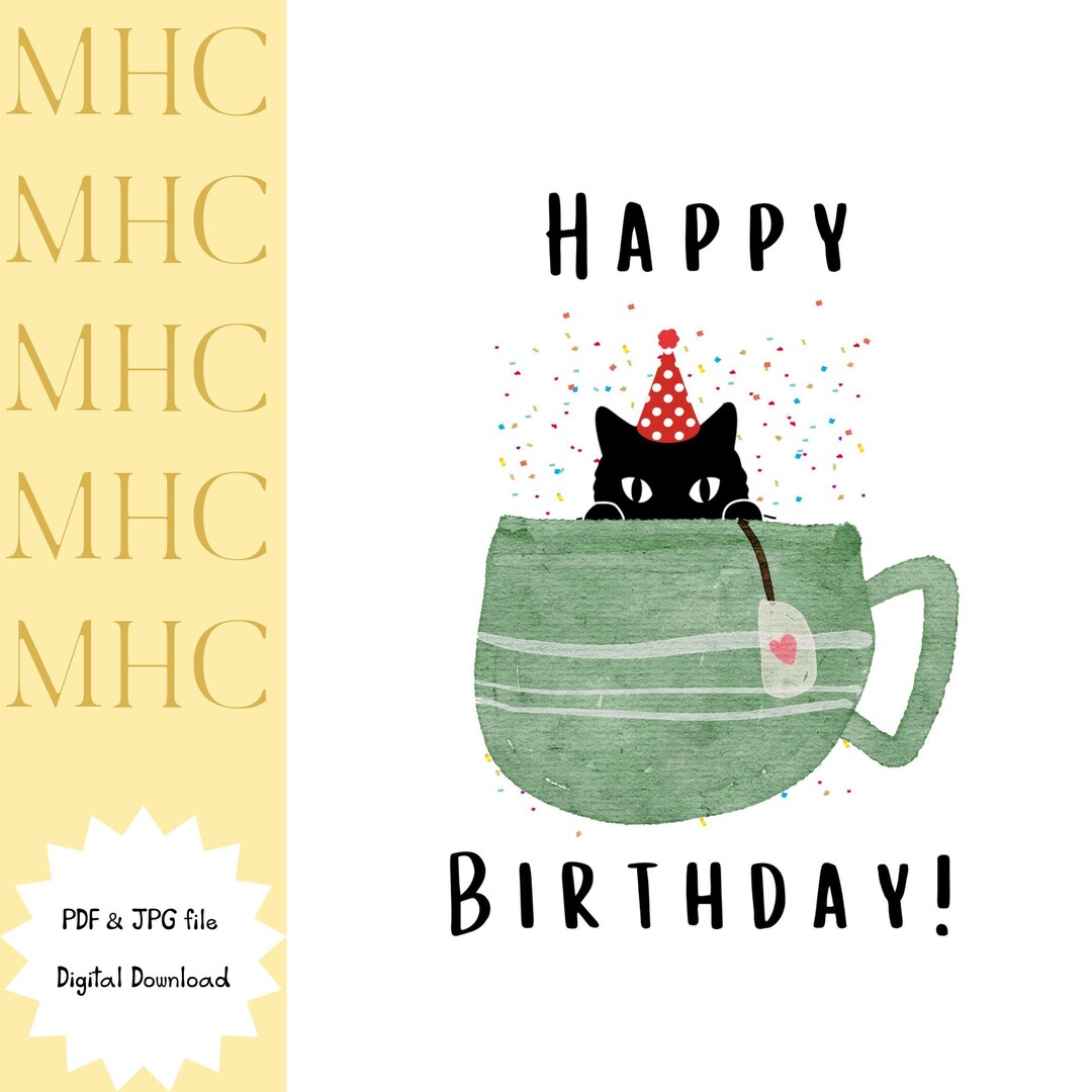Cute Black Cat Printable Birthday Card Instant Download Cat Seasonal ...