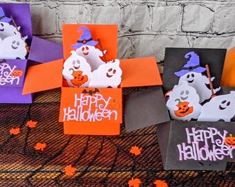 Halloween 3D Ghostly Box Cards// Choice Of Colour: Orange, Black, Purple, Handpainted Ghosts, Pumpkins And Trick Or Treat Bags, 300GSM Card