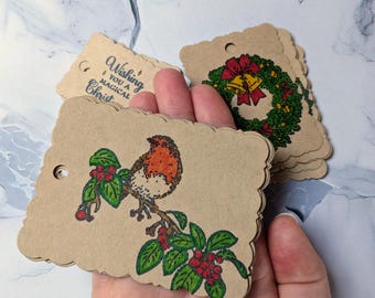Christmas Gift Tags // Present Wrapping Tags, Vintage Style With Hand Painted Images Of Wreaths, Robins and Bells