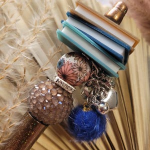 Beadable Plastic Pen - Bookish Themed Beadable Pen - Blue Brown Book Stack Beadable Pen with Dangle
